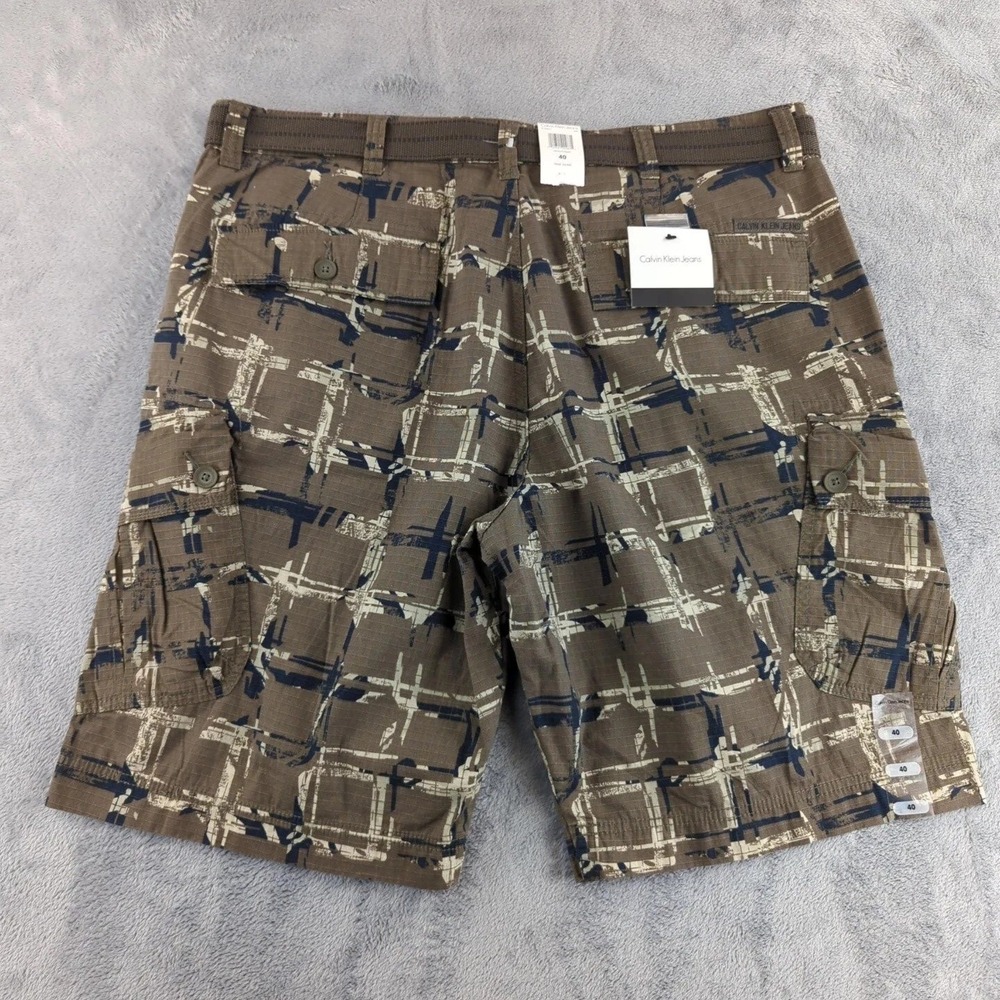 Calvin Klein Jeans Shorts Mens 40 Brown Plaid Cargo Belted Ripstop Cotton Denim - Picture 2 of 10